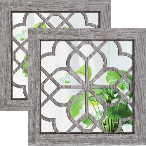 HMANGE Boho Wall Mirror Decor, Set of 2 Rustic Farmhouse Accent Mirror 12x12 Inch, Square Shatterproof Vintage Style Mirrors for Wall, Small Decorative Mirrors for Living Room, Bedroom(Brown) - Image 1