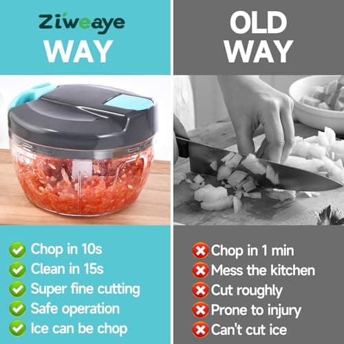 Ziweaye Manual Food Processor Vegetable Chopper, Portable Hand Pull String Garlic Mincer Onion Cutter for Veggies, Ginger, Fruits, Nuts, Herbs, etc., 500ml,（Gray-blue） - Thumbnail 2