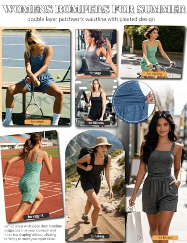 SLIMBELLE Built In Bra Athletic Rompers For Women Summer Square Neck Adjustable Strap Pleated Waist Pockets Short Jumpsuit One Piece Outfits BLUE 2XL - Thumbnail 2