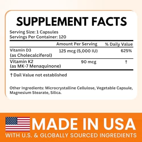 VITBOOST Vitamin D3 K2 Complex - Easy to Swallow - Vitamin D (D3) 5000 IU (125 mcg) & K2(MK-7) 90 mcg | Non-GMO | Gluten-Free | USA Made | 120 Capsules - Thumbnail 2