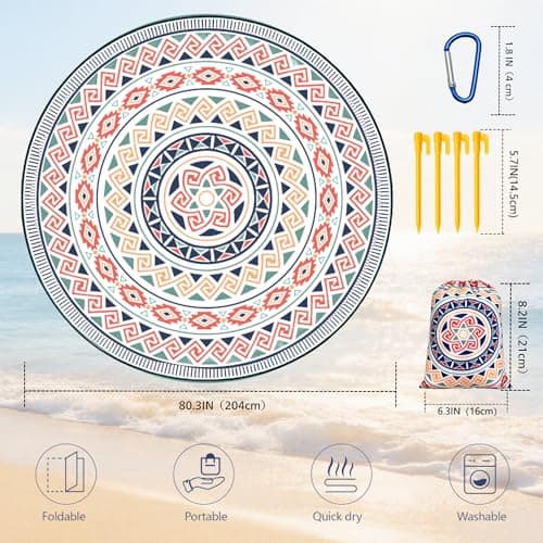 HIHOHO Round Beach Blanket Sandproof Waterproof Durable Quick Drying Portable Large Picnic Blanket fits 1-8 Adults 80"-110" Outdoor Beach Mat Essentials for Camping,Yoga,Traveling - Thumbnail 2