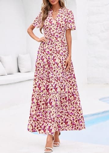 KIRUNDO Womens Summer Floral Maxi Dress Short Sleeve V Neck Boho Long Flowy Casual A Line Dresses 2026 Beach Vacation Outfits(Purple Flower, Medium) - Thumbnail 5
