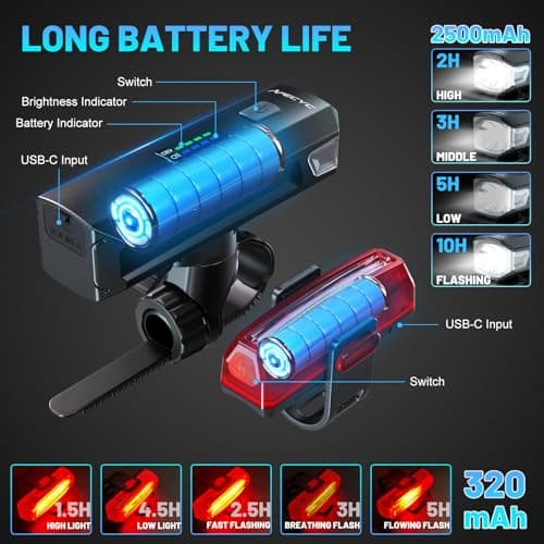 APECYC 2 Pack Bike Lights USB-C Rechargeable Bicycle Front Headlight and Rear Taillight with 4+5 Light Modes, Waterproof Bike Light Set for Night Riding, Commuter, Road & Mountain Cycling - Thumbnail 3