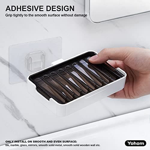 YOHOM Adhesive Bar Soap Holder for Shower Wall Hanging Soap Dish with Drain Tray Plastic Stick on Bathroom Sink Soap Holder 2PCS - Thumbnail 2