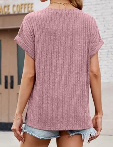 JUSTFASHIONNOW Womens Summer Tops 2026 Trendy Short Sleeve V Neck T Shirts Split Side Cute Tops Flowy Blouses Vacation Outfits Pink L - Thumbnail 5