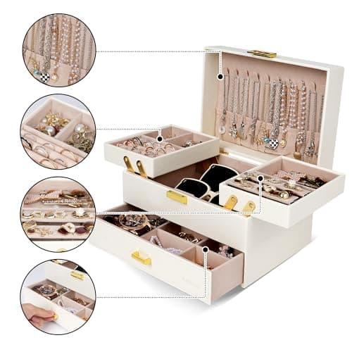 Dajasan Jewelry Box for Women, 3 Layers Large Jewelry Organizer Box, Jewelry Storage Case for Earring, Ring, Necklace, Bracelets (Cloud White + Gold) - Thumbnail 2
