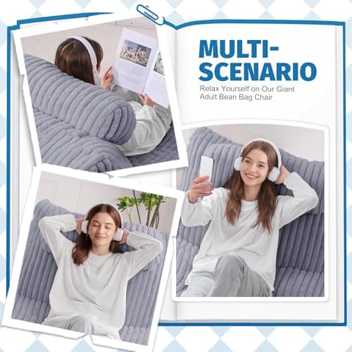 HABUTWAY Giant Bean Bag Chairs for Adults,Bean Bag Lounger with Removable Cover,Large BeanBag Chair with Ottoman&Storage Pocket,Memory Foam Filled Bean Bag Sofa for Living Room,Bedroom-Plush LightGrey - Thumbnail 5