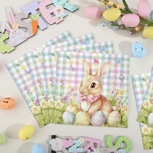 NatNarr 50 Pcs Easter Paper Napkins, 6.5 x 6.5 Inch Cute Bunny Napkins Disposable Pastel Plaid Eggs Easter Cocktail Napkin for Decoupage, Spring Party, Baby Shower - Thumbnail 3