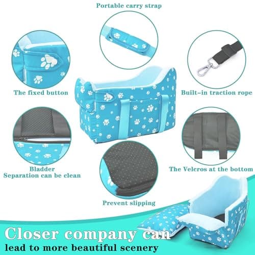 Cullaby Center Console Dog Car Seat for Small Dogs Under 15lbs,Detachable Washable Booster Pet Car Seat Travel Bed with Storage Pockets and Seat Belt(Blue) - Thumbnail 5