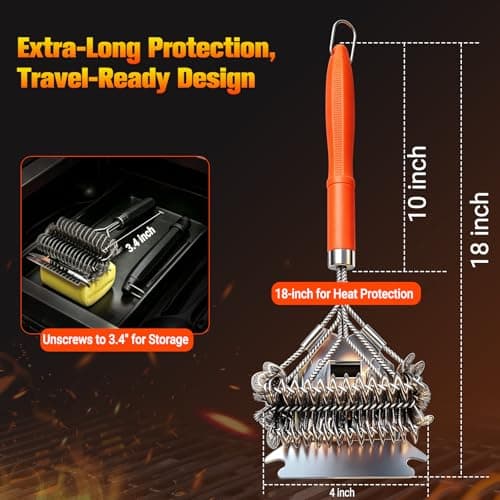 Professional 3-in-1 Grill Brush and Scraper with Safety Second Sweep Sponges - 18" Detachable Long Handle BBQ Cleaner for Heavy Duty Grime - Ideal Father's Day Grilling Gift for Men (Orange) - Thumbnail 4