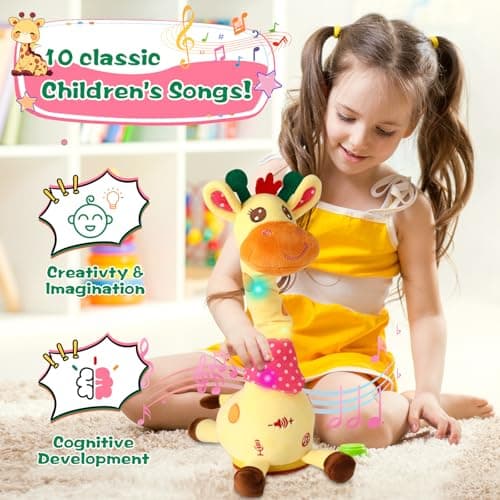 MIAODAM Dancing Giraffe Toy Stuffed Plush, Musical Baby Toys Singing 10 Children's Song Repeats What You Say, Cute Interactive Talking Giraffe Gift for Baby and Kids 1-3 Years Old - Thumbnail 5