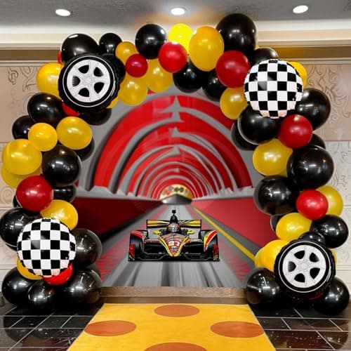 Race Car Balloon Garland Arch Kit, 160Pcs Red Yellow Black Latex Balloons Wheel Checkered Foil Balloons for Racing Car Two Fast 2nd Birthday Party Decorations - Thumbnail 6