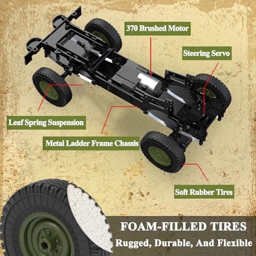 XMFHANG 1:12 Scale 4WD RC Truck, RC Crawler with Proportional Steering & Throttle, Realistic Military Off-Road Truck Model, Metal Chassis Frame, 2.4GHz Remote Control Toy for Adults & Kids Green - Thumbnail 5