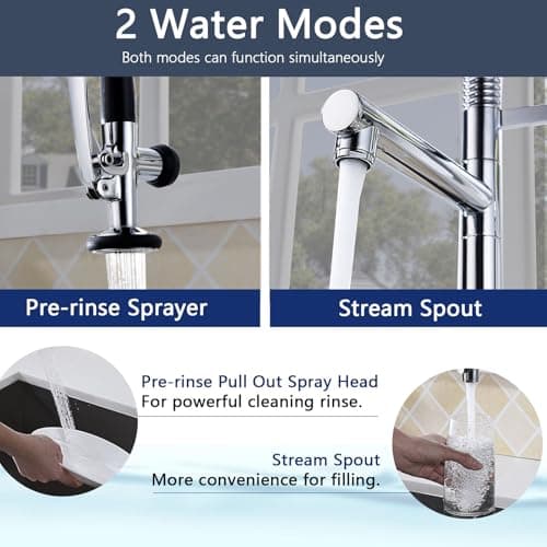Commercial Kitchen Faucet with 26.25" High Arch Pull-Down Sprayer, Solid Brass Single Handle Pre-Rinse Spring Kitchen Sink Faucet with Dual-Function Spray Head, Chrome Double-Headed Kitchen Faucets - Thumbnail 6