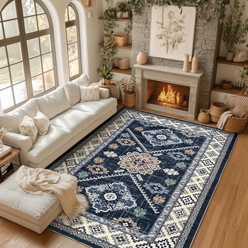 Boho Washable Area Rug 5x7, Large Soft Rugs for Living Room Farmhouse Vintage Blue Carpet 5x7 Area Rugs for Bedroom Dining Room Non-Slip Stain Resistant Under Table Rug - Image 1