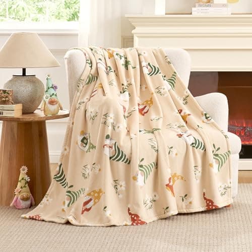 Cozy Bliss Gnome Spring Throw Blanket - Garden Daisy Floral Design, Warm MilkyPlush Throw Blankets, Ultra Soft Cozy Blankets for Couch, Sofa and Bed, Beige, 50X60inches - Image 1