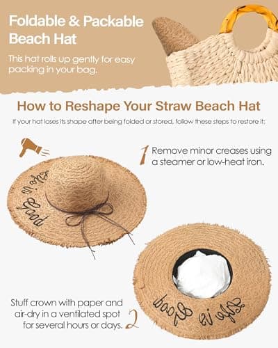 Sun Hats for Women Beach Hats for Women Packable Foldable Wide Brim Womens Sun Hat UPF 80+ - Khaki - Thumbnail 4