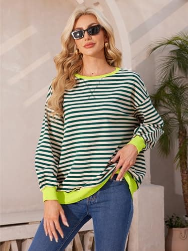 HDLTE Womens Oversized Striped Sweatshirt Crewneck Classic Color Block Long Sleeve Casual shirt Fashion Loose Pullover Tops Green - Thumbnail 2
