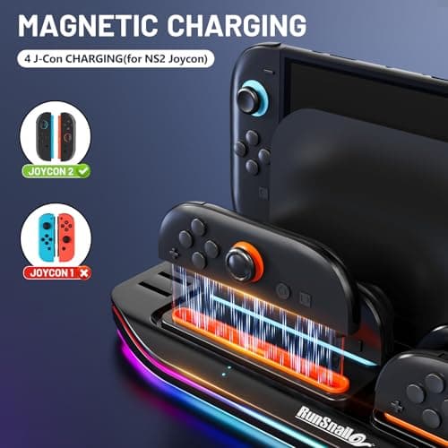 RunSnail Charging Dock for Nintendo Switch 2, Magnetic Fast Charger for 4 JoyCons with RGB Lighting, All-in-One Charging Station with 12 Game Card Storage Slots - Thumbnail 2