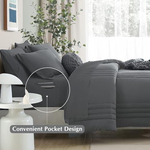 Monbix California King Size Comforter Set - 7 Pieces Bed in a Bag California King, Grey Bedding Sets with Comforter, All Seasons Comforter Bed Set with Sheets, Pillowcases & Shams - Thumbnail 3