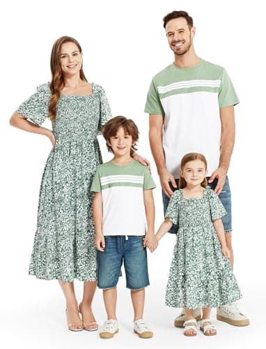 PATPAT Matching Family Outfits Mommy and Me Dresses Matching Set Square Neck Short Puff Sleeve Casual Boho Beach Ruffle Flowy Tiered Midi Smocked Sage Green Dusty Floral Dress for Girls 8-9 Years - Image 1
