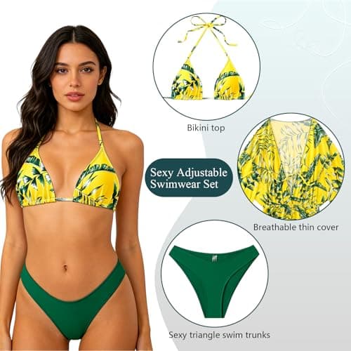 Bolsamila Women's 3 Piece Swimsuit Leaf Print Halter Bathing Suit Summer Tropical Halter Triangle Bikini Set with Beach Cover Up Yellow Green Beach Pool Vacation Small - Thumbnail 6