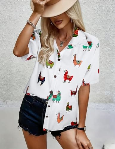 LILYCHIC Womens Short Sleeve Hawaiian Shirts V Neck Cowgirl Tshirts Button Down Summer Blouse Hawaiian Beach Outfit - Thumbnail 2