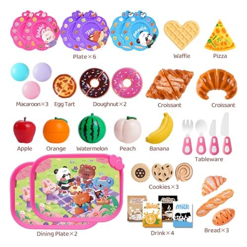 Drefirsa Girl Play Food-Kitchen Food Toys, Plastic Play Food for Toddlers with Pink Picnic Case, Cutting Fruit, Bread, Plate, Learning Educational Toy for 2 3 4 5 6 Year Old Girl Birthday Gift - Thumbnail 6