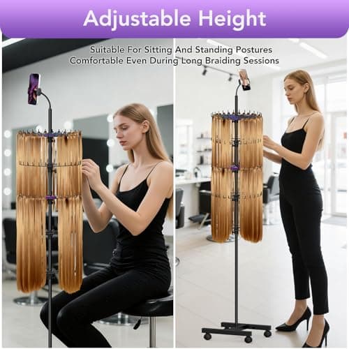 Qxcynb Braiding Rack with 140 Pegs Hair Braid Organizer with Phone Holder Adjustable Standing Braiders Storage for Displaying And Separating Hair (BLACK) - Thumbnail 4
