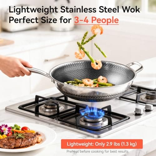 WANGYUANJI Stainless Steel Wok Pan with Lid, 12.6 Inch Honeycomb Hybrid Nonstick Stir Fry Pan, Tri-Ply Clad Skillet for Induction Electric Gas Stove, Dishwasher Safe, No Seasoning Needed (Serves 3-4) - Thumbnail 2