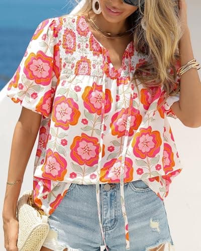 KIRUNDO Boho Tops for Women Summer 2026 Dressy Floral Blouse V Neck Drawstring Short Sleeve Shirts Beach Vacation Clothes(White Pink Flower, XX-Large) - Thumbnail 2