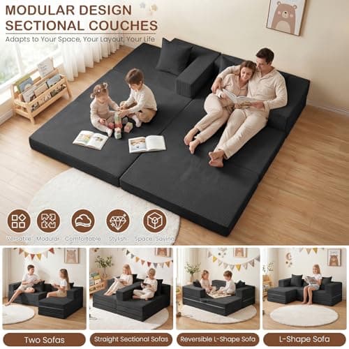 Ziydily Boneless Couches for Living Room, L Shaped Couch with Chaise, 4-in-1 Comfy Corduroy Fluffy Sofas, Flexible Module Combination Compact Room Couch, No Assembly, Black - Thumbnail 3