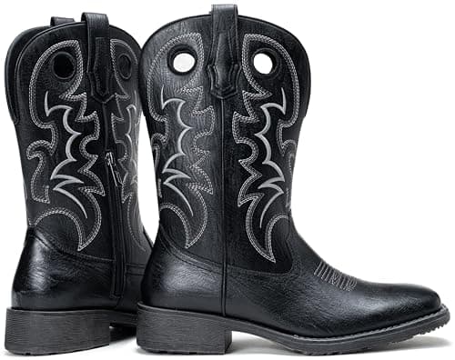 Jousen Cowboy Boots for Men, Retro Square Toe Western Boots with Embroidery, Durable Slip-Resistant Pull-On Boot with Holes (AMY8424-black-08) - Thumbnail 5