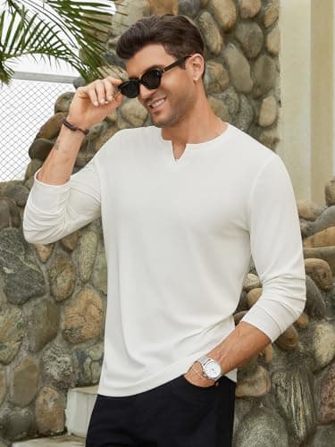 Hardaddy Men's V Neck Long Sleeve Ribbed Casual T-Shirt Solid Tee Shirts White M - Thumbnail 3