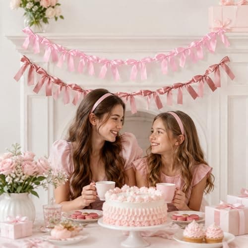 Pink Bow Garland Banner Coquette Birthday Party Decorations, 5.9FT Satin Bow Banner Decorations for Baptism Gift Daughter Nursery Baby Bridal Shower Wedding Favors Engagement Party Supplies - Thumbnail 5