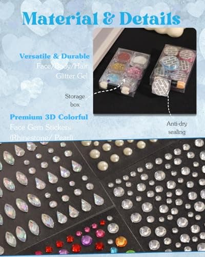 1440pcs Face Glitter Gems Set for Women: 6 Face Body Glitter Gel & 4 Self Adhesive Gem Stickers, Sparkly Rhinestone Stickers Hair Jewels Kit Girls Valentines Party Makeup Accessories (Water Droplets) - Thumbnail 5