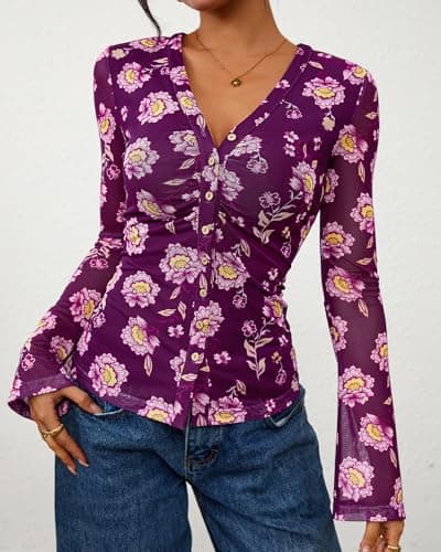 BTFBM Button Down Shirts for Women 2026 Spring Boho Tops V Neck Long Sleeve Blouses Ruched Mesh Fitted Fashion Clothing(Purple, Large) - Thumbnail 2