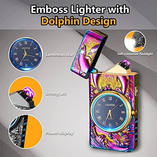 RSBYE Watch Lighter, Electric Dual Arc Plasma Lighter with Clock, Flashlight and USB Rechargeable Battery for Candles, Incense, Camping, Gift for Women and Men (Dolphin Mutil) - Thumbnail 2