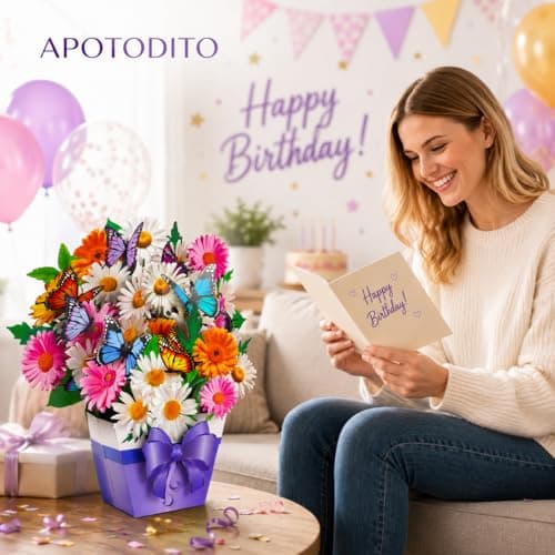 APOTODITO Mothers Day Card, Butterfly Cards with Music and Light, Flower Bouquet Card, Mothers Day Gifts for Mom, Women, Wife, Sister (daisy and butterfly) - Thumbnail 3