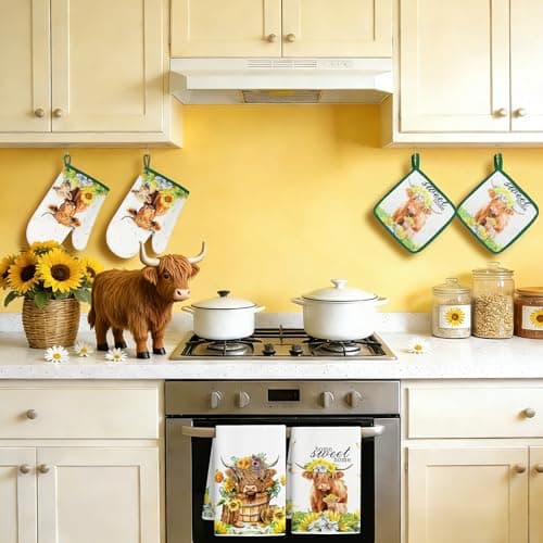 Vetoxka 8 PCS Highland Cow Kitchen Decor and Accessories - 4 Dish Towels Set 2 Oven Mitts and Pot Holders Sets for Cooking Baking Home Sweet Home Sunflower Cattle Watercolor Farmhome Housewarming Gift - Thumbnail 4