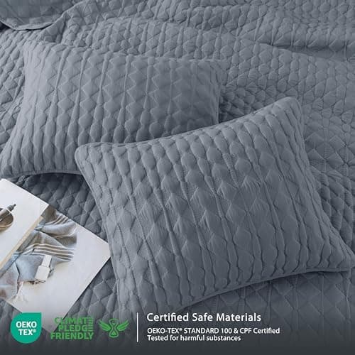 WDCOZY Blue Quilts Queen Size Bedding Sets with 2 Pillow Shams, Lightweight Soft Bedspread Coverlet, Quilted Blanket Thin Comforter Bed Cover for All Season, 3 Pieces, 90x90 inches - Thumbnail 6