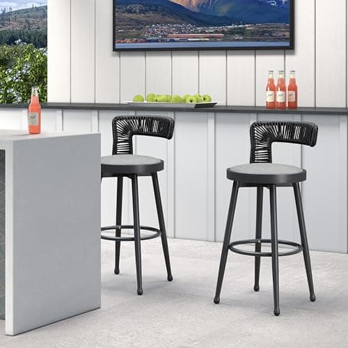 PURPLE LEAF Outdoor Swivel Bar Height Stools Set of 2 Metal Modern Wicker Bar Chairs with Back Aluminum Woven Barstools with Cushions for Kitchen Balcony Garden Indoor Grey - Image 1