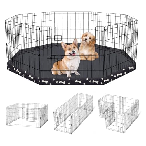Dog Pen Pet Playpen Dog Fence Indoor Foldable Metal Wire Exercise Puppy Play Yard Pet Enclosure Indoor Outdoor 8 Panels 24 Inch with Bottom Pad (Bottom Cover Fence with Printing)