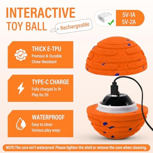 VOXGET Smart Interactive Dog Toy Ball, Automatic 3 Modes Moving Ball with Remote Control for Medium Large Dogs, Rechargeable Waterproof E-TPU Bounce & Rotate Dog Toy to Keep Busy (Bright Orange) - Thumbnail 2