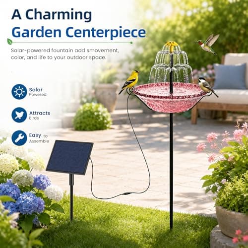 Bird Bath for Outside with Solar Fountain, Plastic Bowl on Metal Stake and Ground Stand, Freestanding Garden Accent for Yard and Patio (Pink(L)) - Thumbnail 2