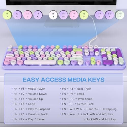 Atelus Computer Wired Keyboard, Plug Play USB Full-Size Keyboard with Large Number Pad, Caps Indicators, Foldable Stands, for Windows 7/8/10 PC Laptop (Purple Colorful) - Thumbnail 6