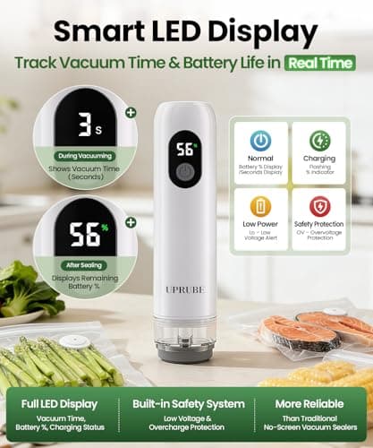 UPRUBE Compact Vacuum Sealer for Food (Vacuum Sealer Machine + 30 Reusable Vacuum Bags), Powerful Handheld Food Vacuum Sealer Machine with LED Display & Liquid Drainage Tube, Portable Food Sealer - Thumbnail 3