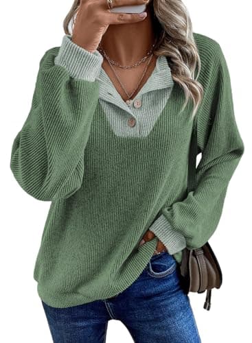 EVALESS Long Sleeve Shirts for Women Fall Clothes Casual Patchwork Button Up V Neck Oversized Sweatshirt Tops Mist Green X-Large - Image 1