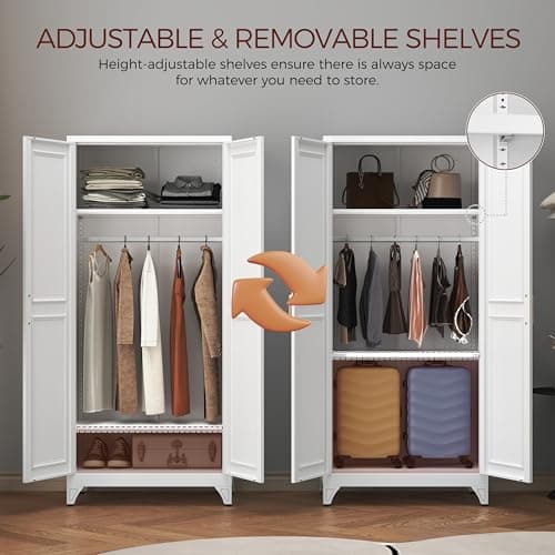 Kubohogar Metal Armoire Wardrobe Closet with 2 Doors, 71" Tall Wardrobe Closet with Doors, Hanging Rod, Drawers and Adjustable Shelves, White Clothing Storage Cabinets for Bedroom, Home Office - Thumbnail 4