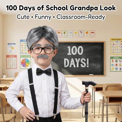 Santoy Old Man Wig Costume for Kids - 100 Days of School Dress-Up with Grandpa, Perfect for Halloween Cosplay and Fun for Adults and Boys - Thumbnail 2